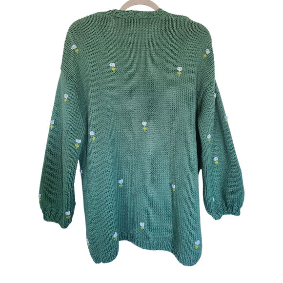 Fanm Mon x Hill House Winter Bloom Blue Rose Cardigan Sweater Green Size 0 XS Sm - Picture 5 of 6